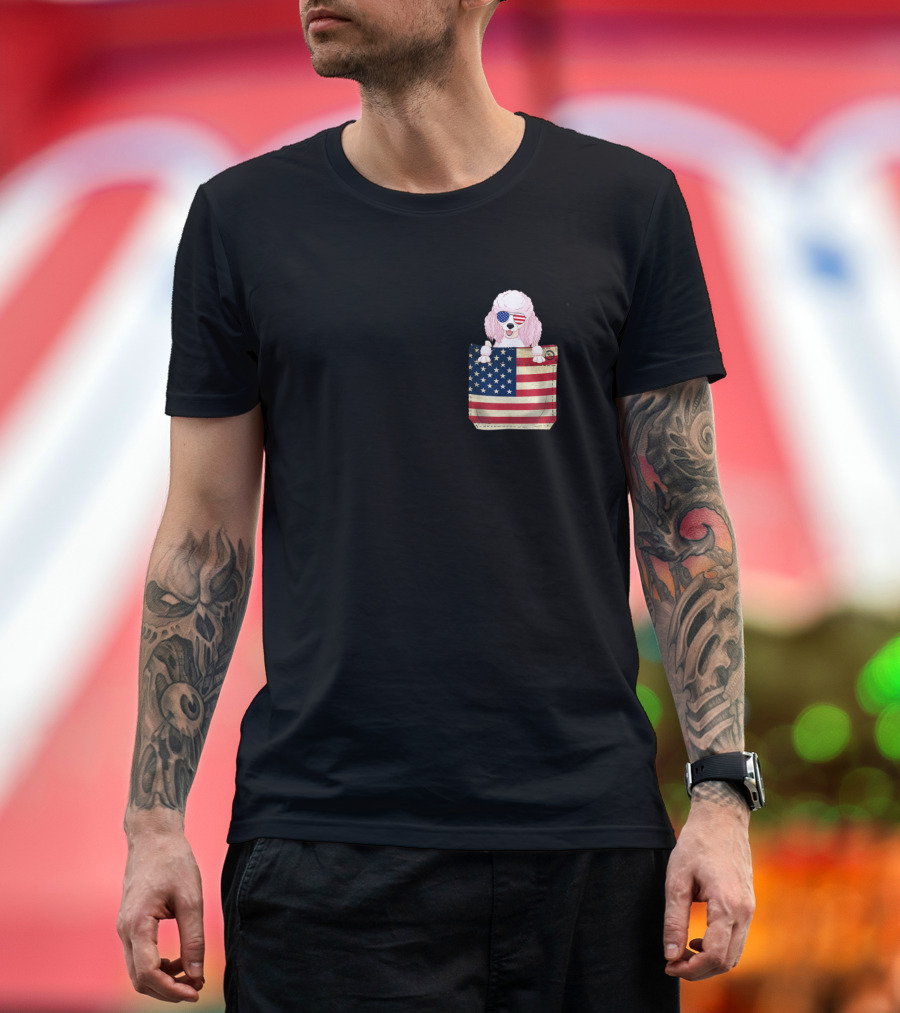 Poodle Wearing Sunglasses in American Flag Pocket T-Shirt