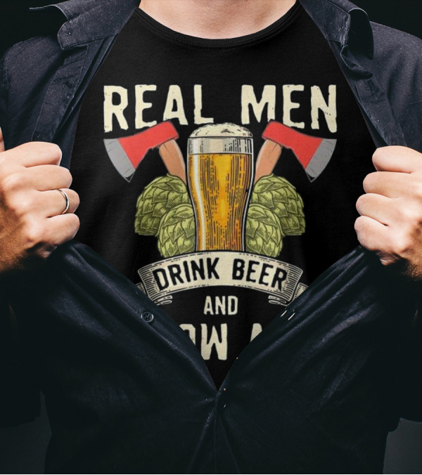 Real Men Drink Beer Throw Axes Hops And Glass With Red Axes T-Shirt