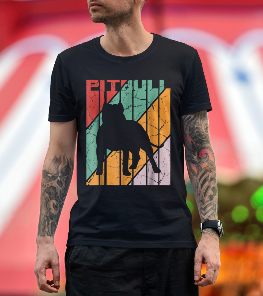Vintage Pitbull Silhouette Retro Color Stripes T-Shirt