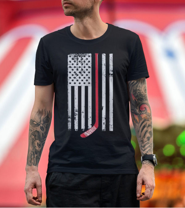 Premium T-Shirt: Red Hockey Stick American Flag Hockey Patriotic T-Shirt Red Hockey Stick American Flag Hockey Patriotic T-Shirt