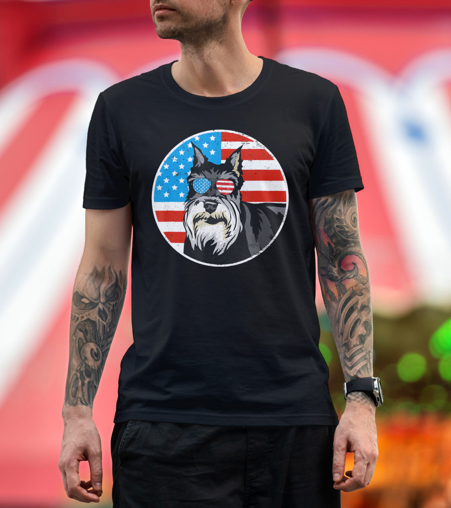Schnauzer Dog Wearing American Flag Sunglasses 4th of July T-Shirt
