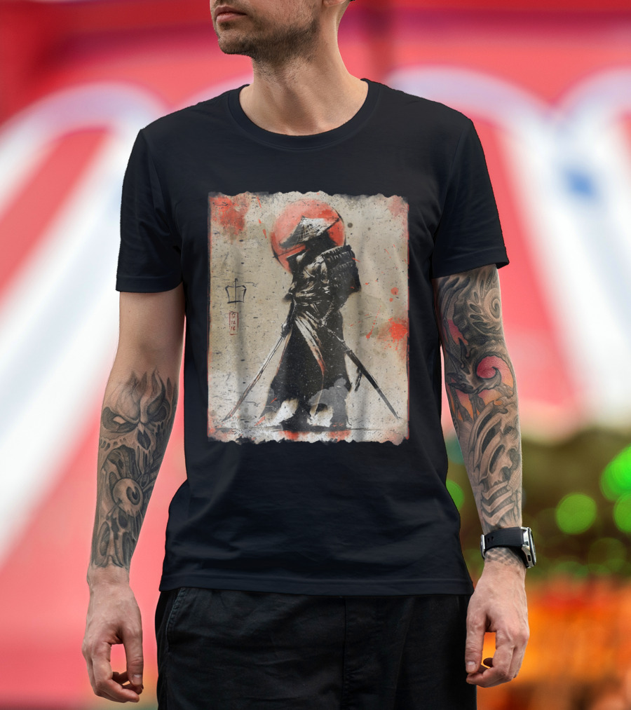 Samurai Japanese Warrior Silhouette Red Sun Zen Brushstroke T-Shirt