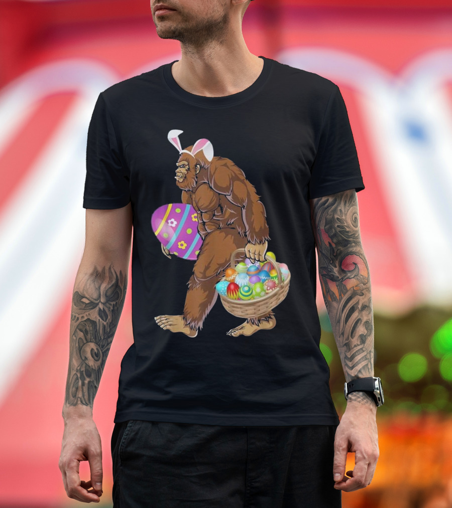 Funny Easter Bigfoot with Bunny Ears Holding Colorful Eggs T-Shirt