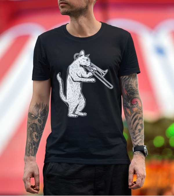 Premium T-Shirt: Jazz Cat Playing Trombone Coo Music Feline T-Shirt Jazz Cat Playing Trombone Coo Music Feline T-Shirt
