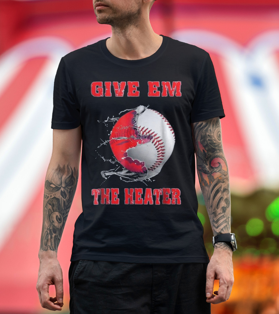 Give Em The Heater Baseball Splatter Break Pitcher's Throw T-Shirt