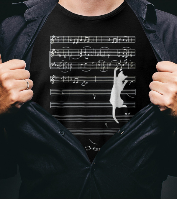 Funny Cat Climbing Music Staff And Notes Chaos T-Shirt