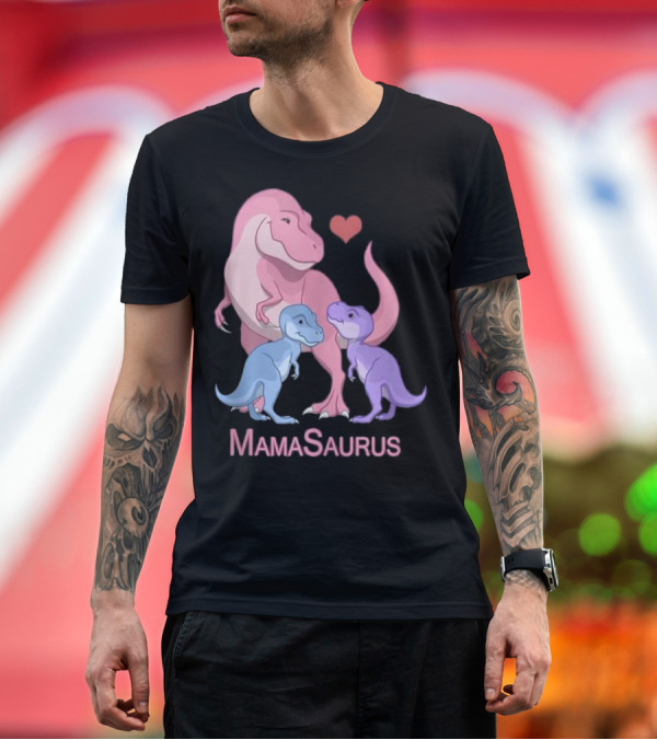 Premium T-Shirt: MamaSaurus Pink Dinosaur with Two Baby Dinosaurs and Heart T-Shirt MamaSaurus Pink Dinosaur with Two Baby Dinosaurs and Heart T-Shirt