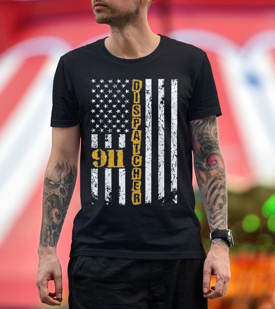 911 Dispatcher Gold Line American Flag USA T-Shirt