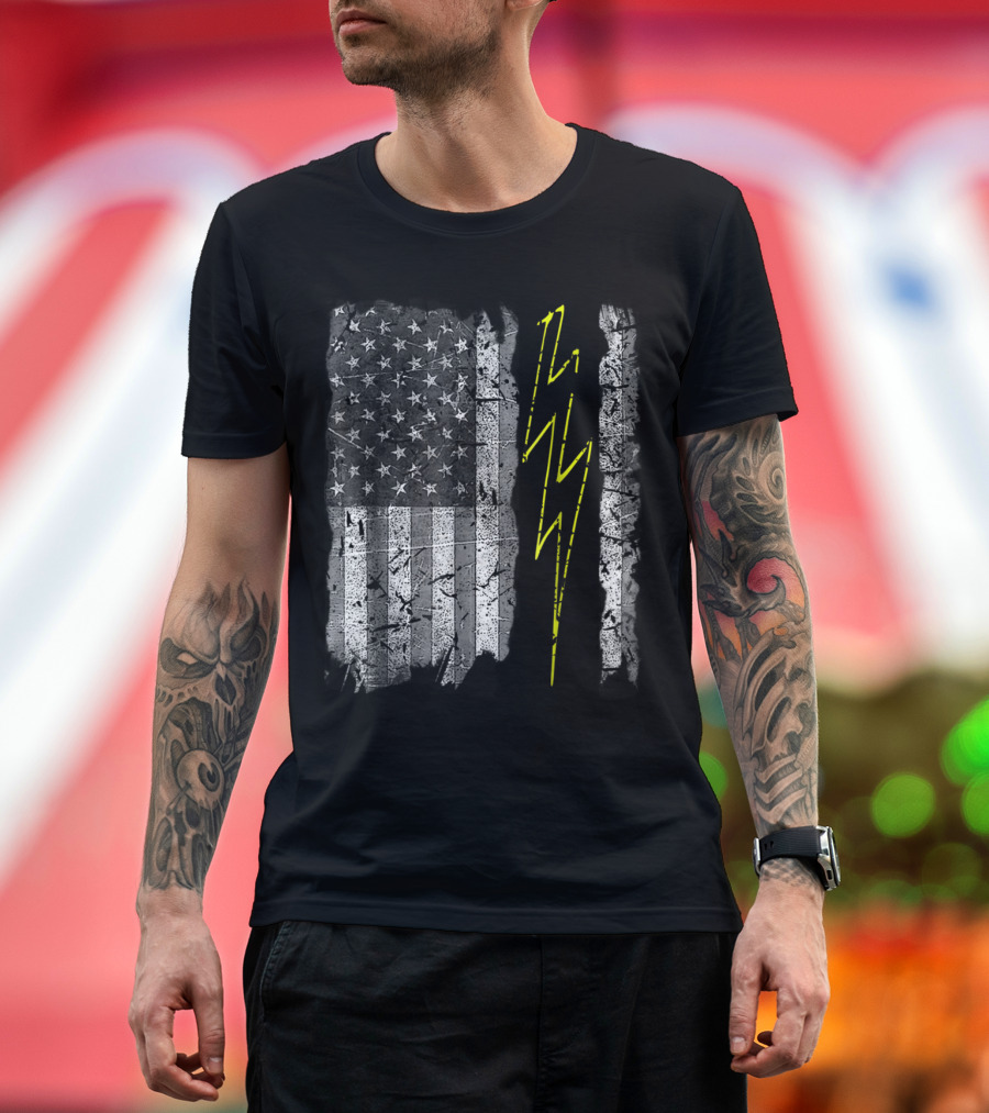 Vintage US Flag with Electric Bolt Sparky Electrician T-Shirt