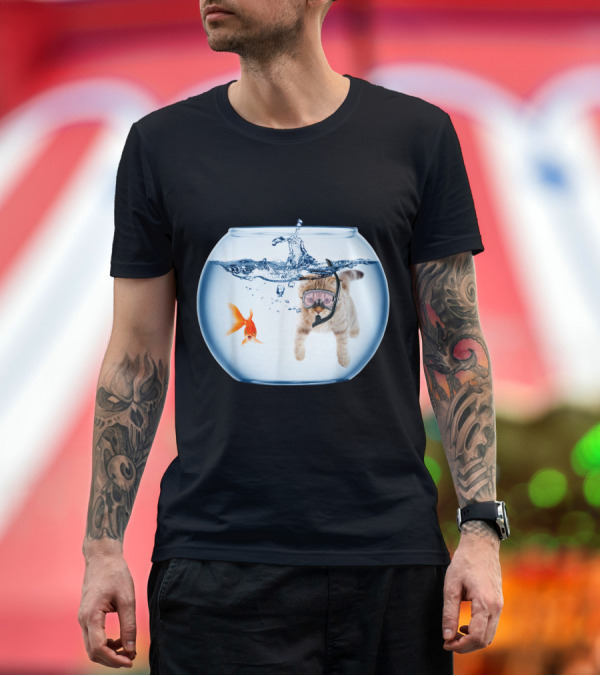 Premium T-Shirt: Scuba Kitty Snorkeling Adventure in Fishbowl with Goldfish and Diving Mask T-Shirt Scuba Kitty Snorkeling Adventure in Fishbowl with Goldfish and Diving Mask T-Shirt