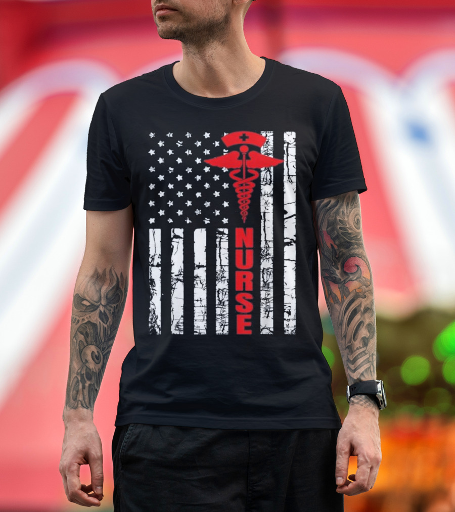 Patriotic American USA Flag Nurse Caducues T-Shirt
