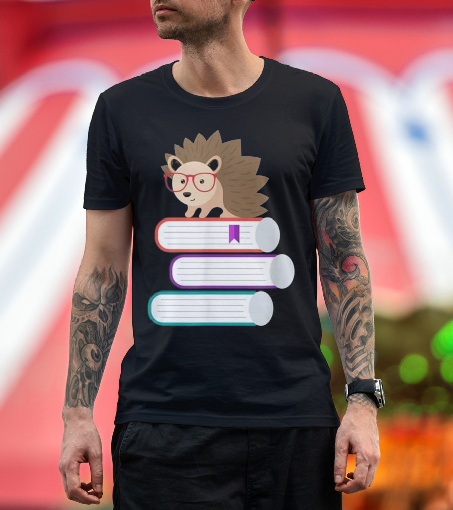Adorable Hedgehog with Glasses on Stack of Books for Nerds T-Shirt