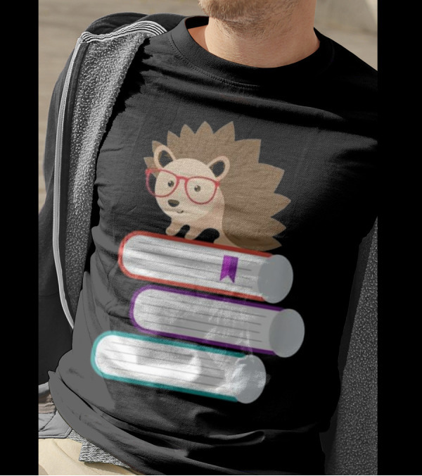 Adorable Hedgehog With Glasses On Stack Of Books For Nerds T-Shirt