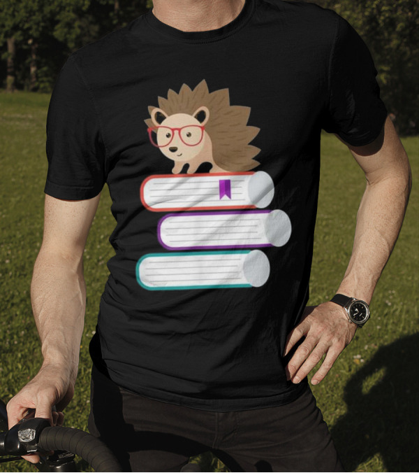 Adorable Hedgehog With Glasses On Stack Of Books For Nerds T-Shirt