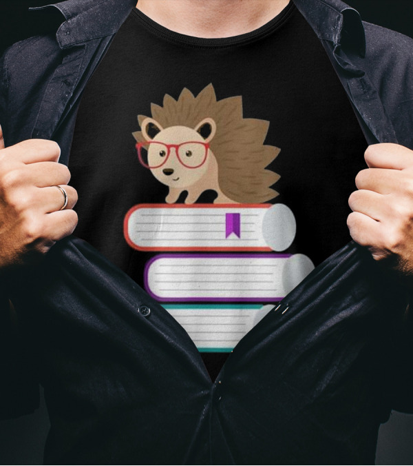 Adorable Hedgehog With Glasses On Stack Of Books For Nerds T-Shirt