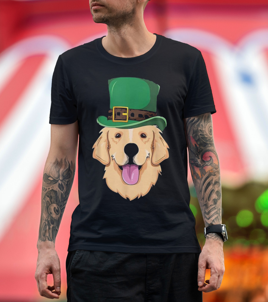 Golden Retriever in Green Leprechaun Hat for St. Patrick's Day T-Shirt