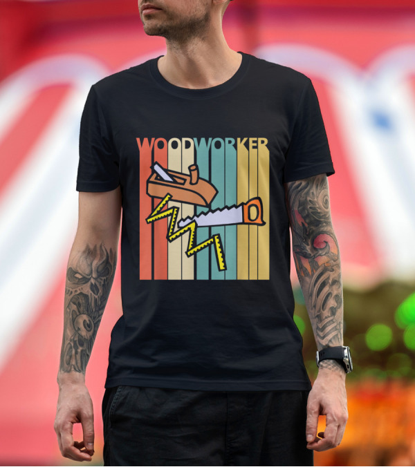 Premium T-Shirt: Woodworker Vintage Carpenter Saw and Plane Retro Stripes T-Shirt Woodworker Vintage Carpenter Saw and Plane Retro Stripes T-Shirt