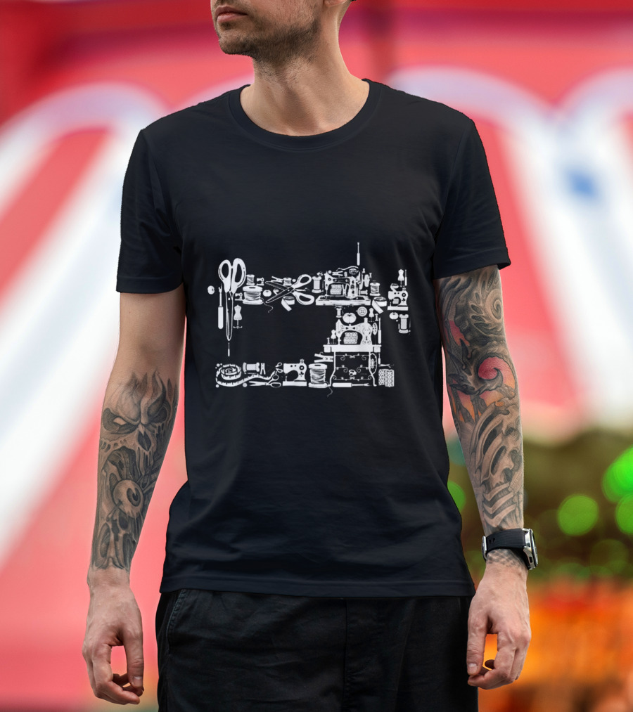 Sewing and Quilting Tools Collage with Scissors and Sewing Machine Outline T-Shirt