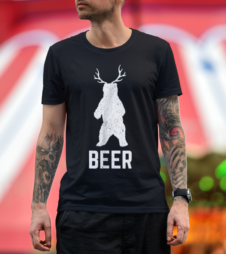 Funny Bear with Deer Antlers Beer Cool T-Shirt