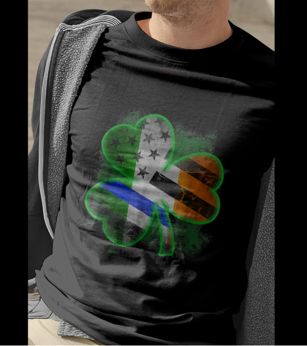 Irish Shamrock Thin Blue Line American Flag T-Shirt