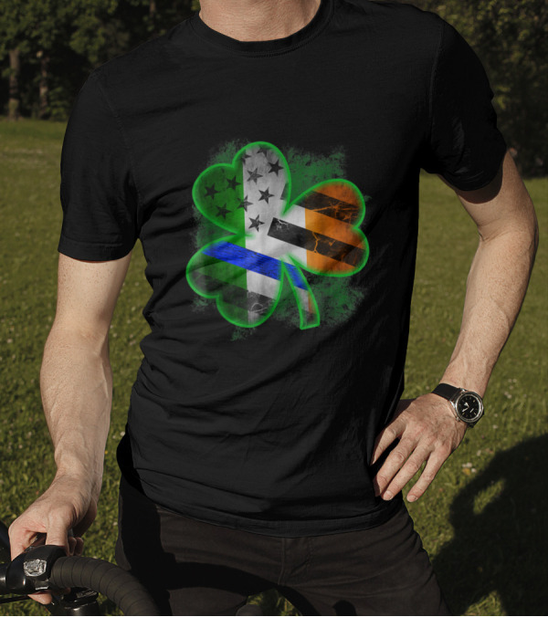 Irish Shamrock Thin Blue Line American Flag T-Shirt