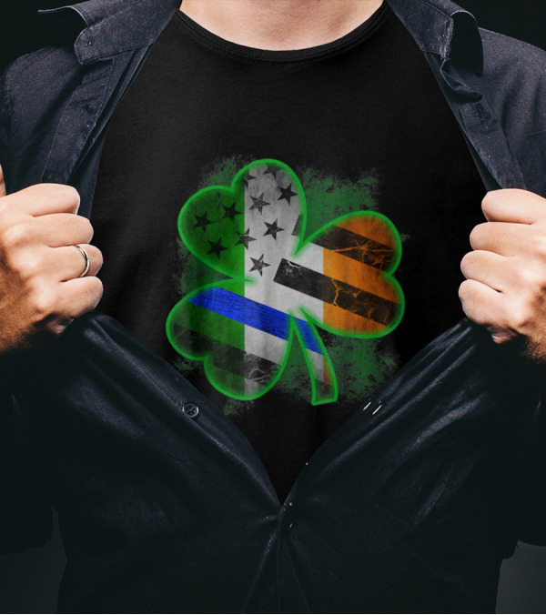Irish Shamrock Thin Blue Line American Flag T-Shirt
