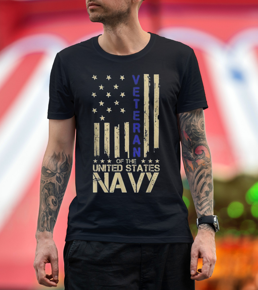 Veteran of the United States Navy American Flag Blue Line T-Shirt