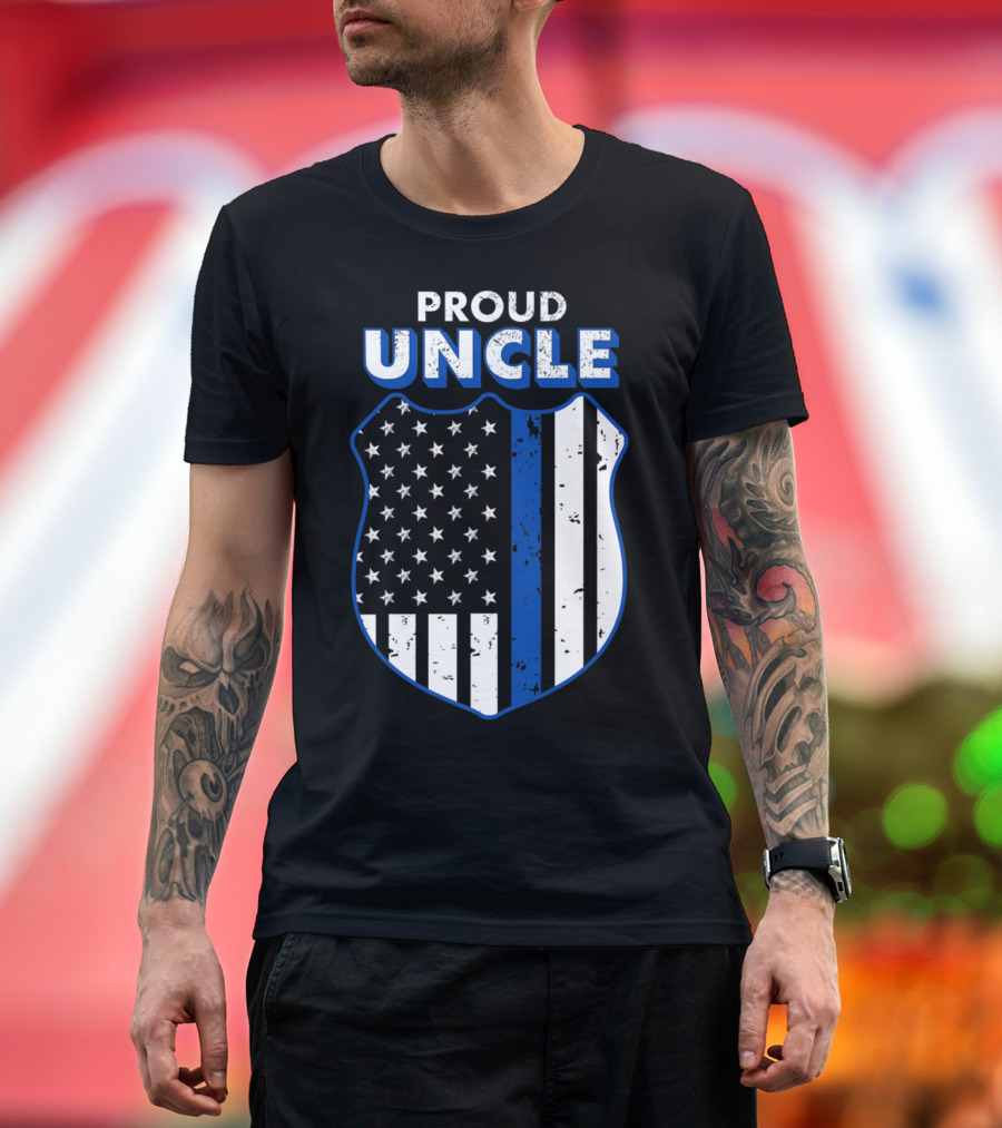 Proud Uncle Thin Blue Line Badge American Flag T-Shirt