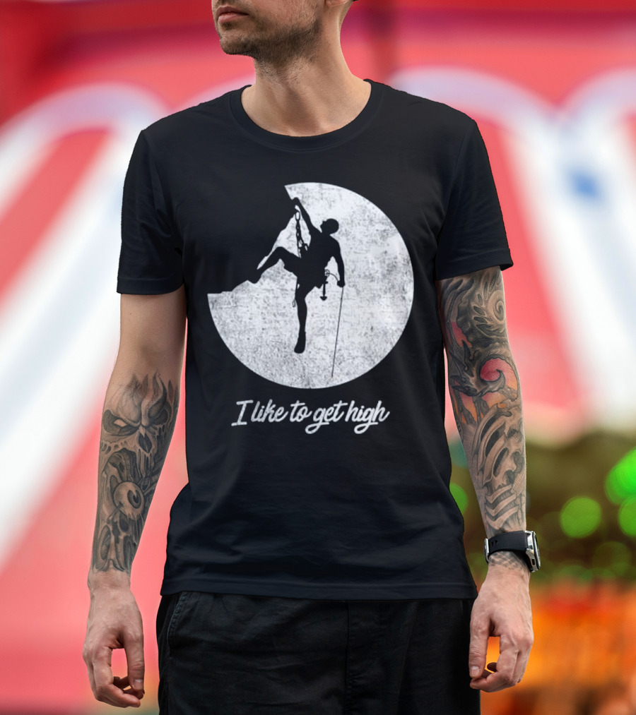 I Like To Get High Rock Climbing Silhouette Moon T-Shirt
