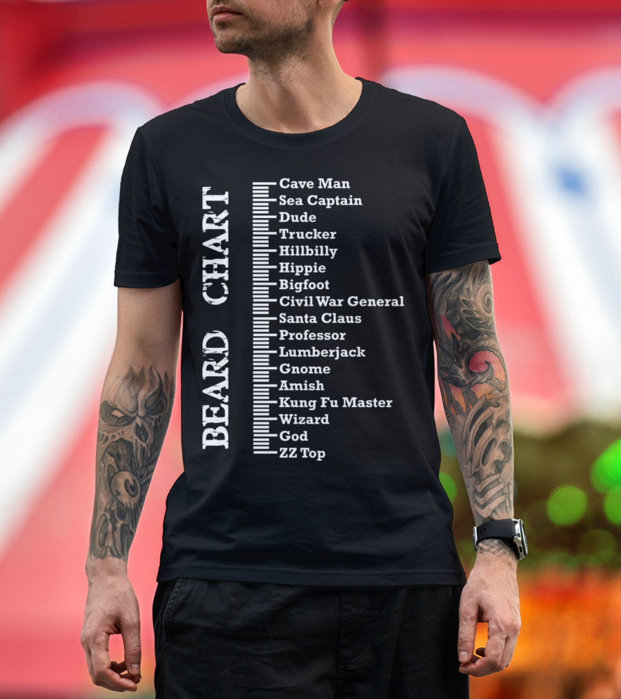Mens Beard Chart Measurement ZZ Top, God, Wizard, Kung Fu Master, Amish, Gnome, Lumberjack, Professor, Santa Claus T-Shirt