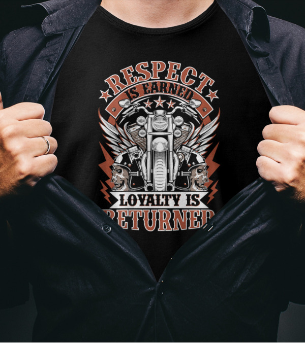 Biker Respect Is Earned Loyalty Is Returned Motorcycle Skull Wings Stars T-Shirt