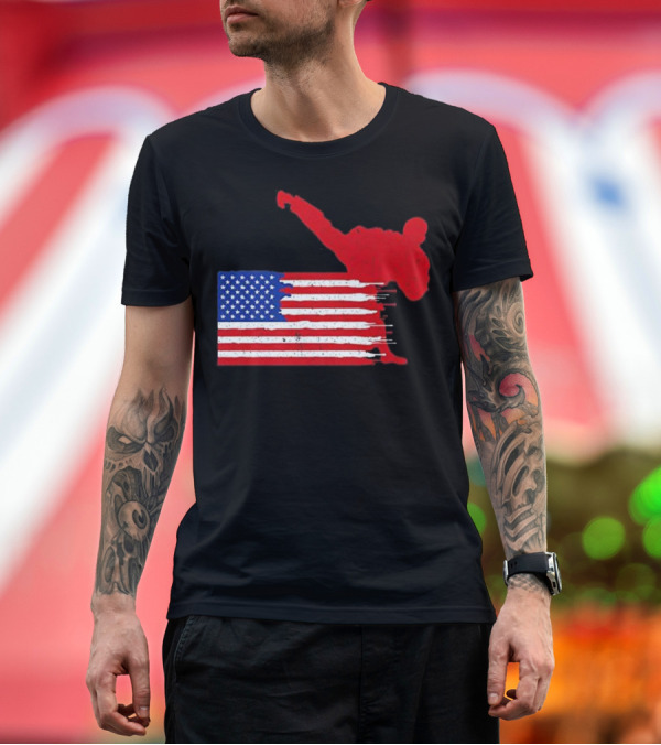 Premium T-Shirt: Karate Kick Over American Flag USA Martial Arts T-Shirt Karate Kick Over American Flag USA Martial Arts T-Shirt
