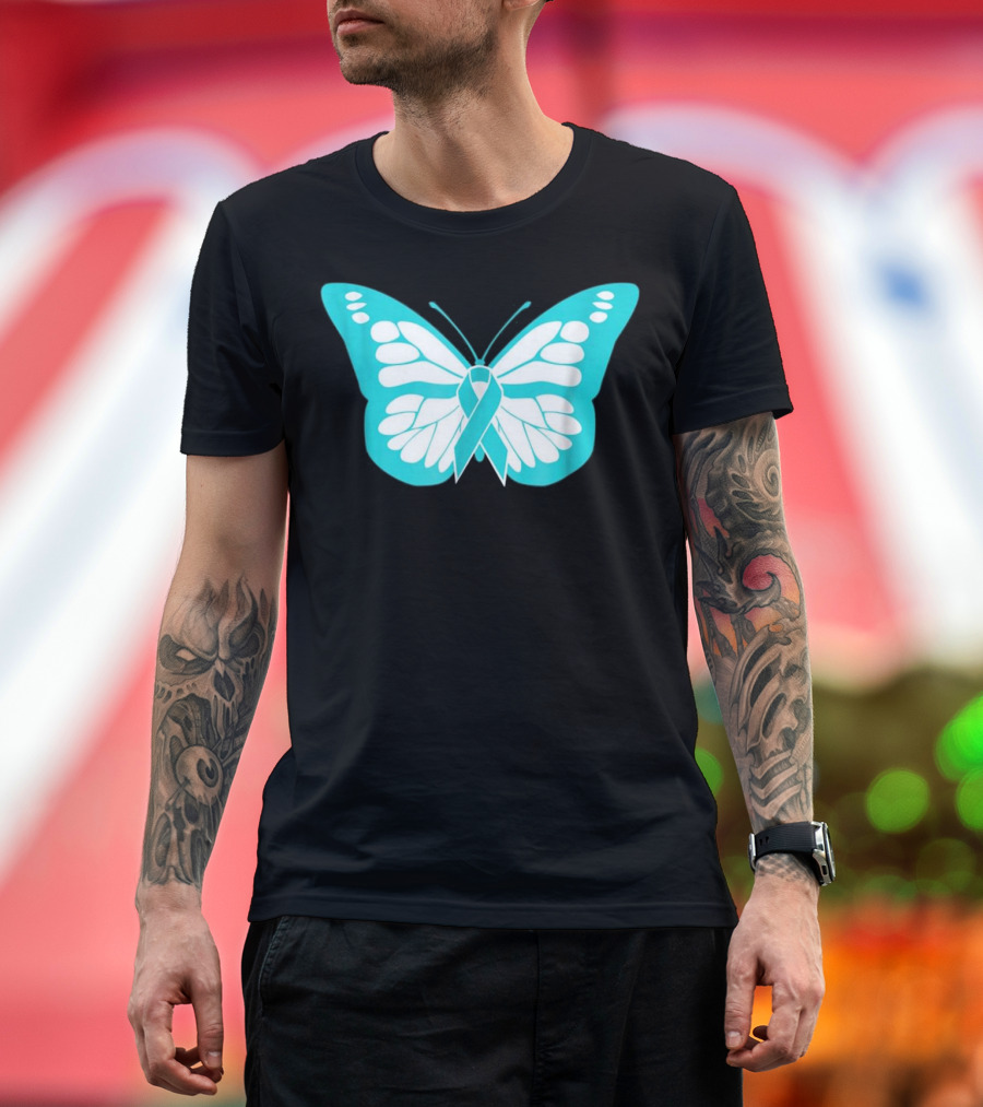 Ribbon Butterfly Teal Awareness Allergic Reaction Foo T-Shirt