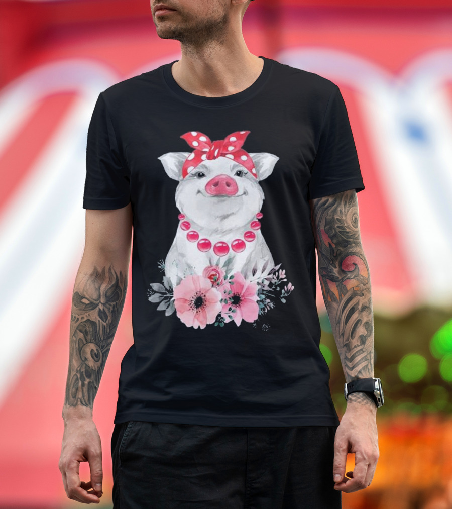 Pig Bandana Cute for Girl Polka Dot Red Bow Floral Necklace T-Shirt