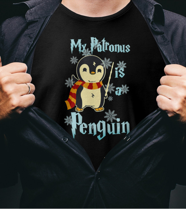 My Patronus Is A Penguin Magic Penguin With Wand And Scarf Snowflakes T-Shirt