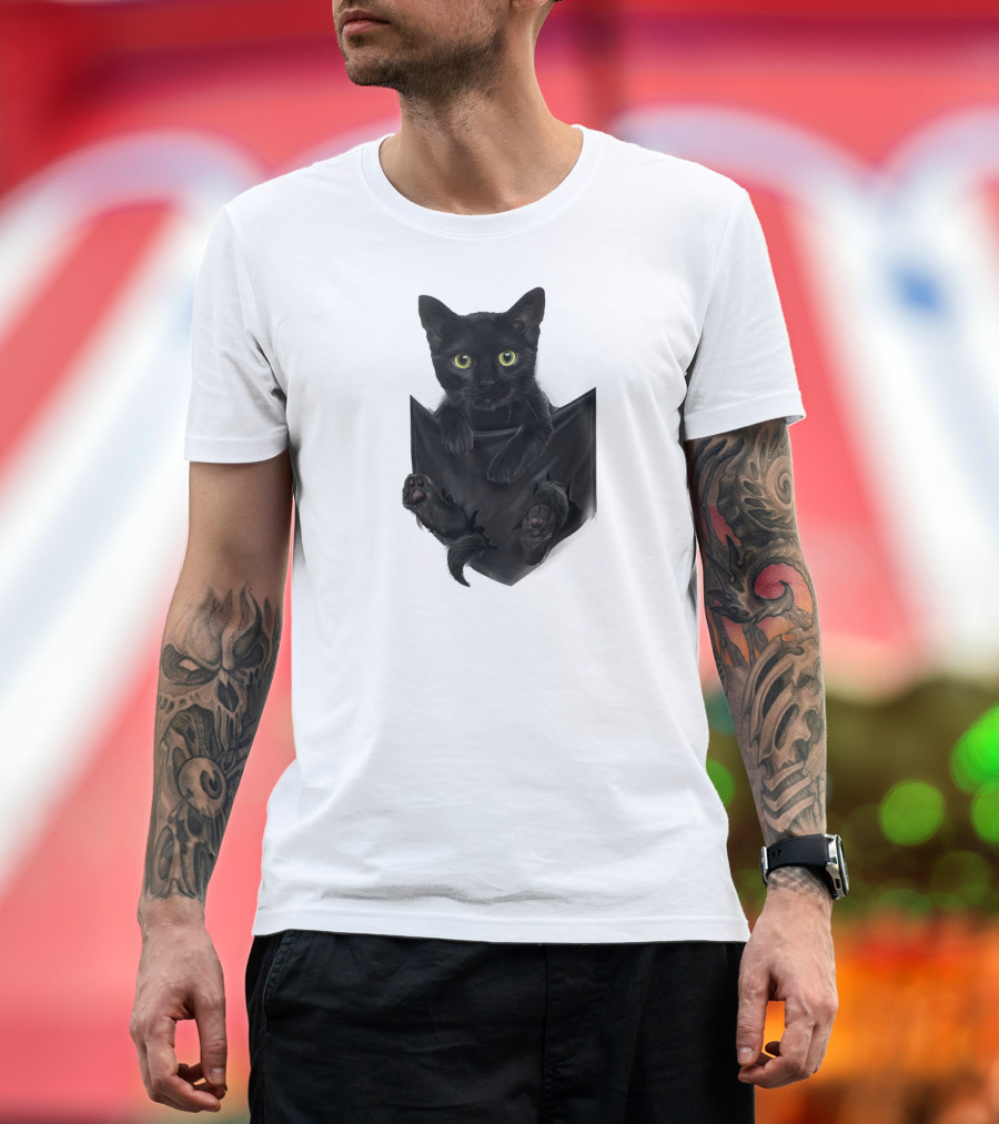 Black Cat Stern in Pocket Cats with Green Eyes Peeking Out T-Shirt