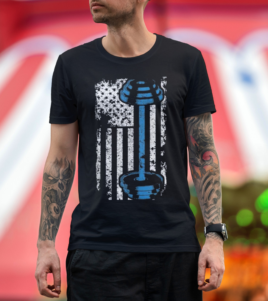 American Flag Dumbbell Workout Fitness USA Weights T-Shirt