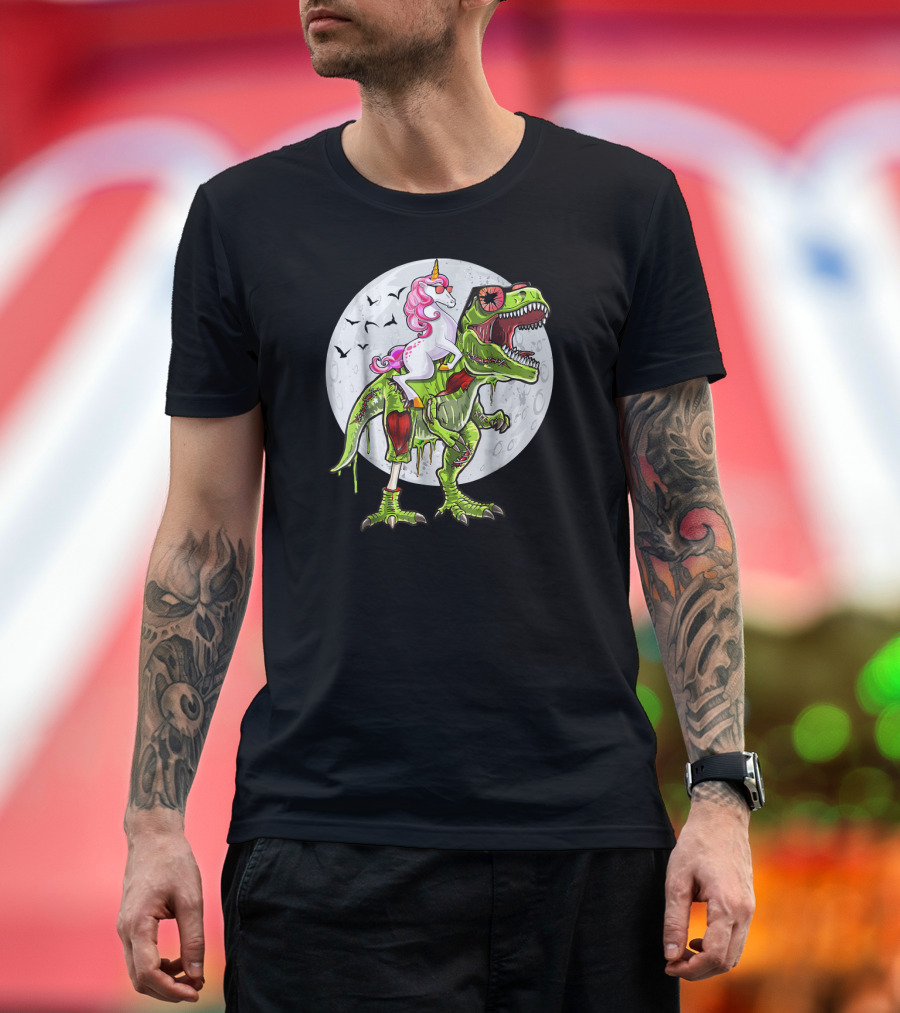 Halloween Unicorn Riding Zombie T Rex Dinosaur Moon Scene T-Shirt