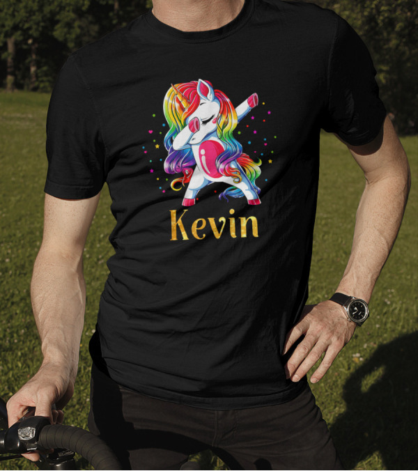 Kevin Name Personalized Custom Unicorn Dabbing Rainbow T-Shirt