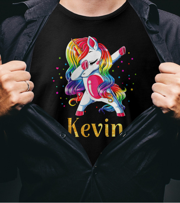 Kevin Name Personalized Custom Unicorn Dabbing Rainbow T-Shirt