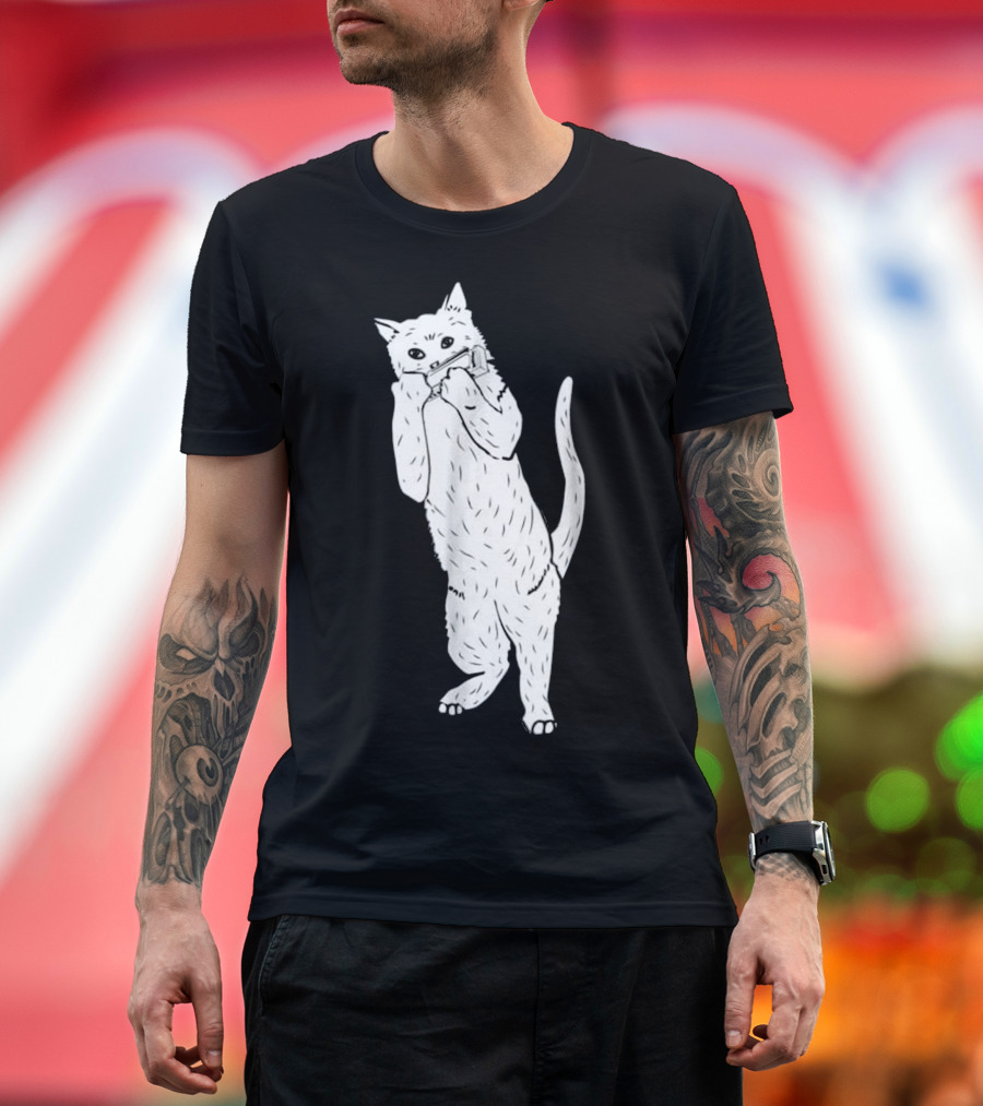 Blues Harp Cat Playing Harmonica Cool Cats Music T-Shirt