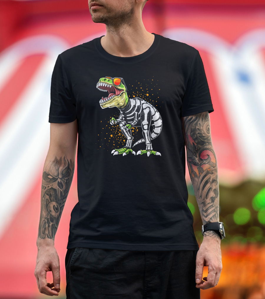Halloween T-Rex Dinosaur Skeleton Costume with Green Accents T-Shirt