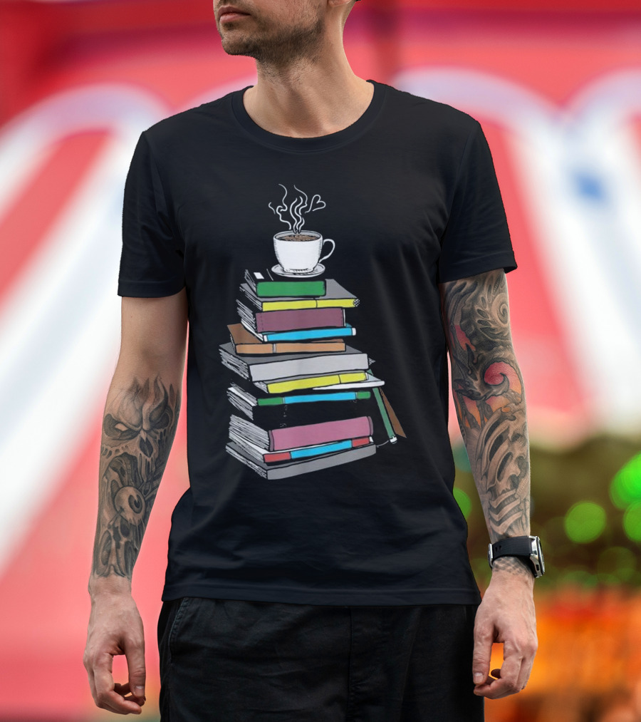 Steaming Coffee on Colorful Book Stack for Tea Coffee and Book Lover T-Shirt
