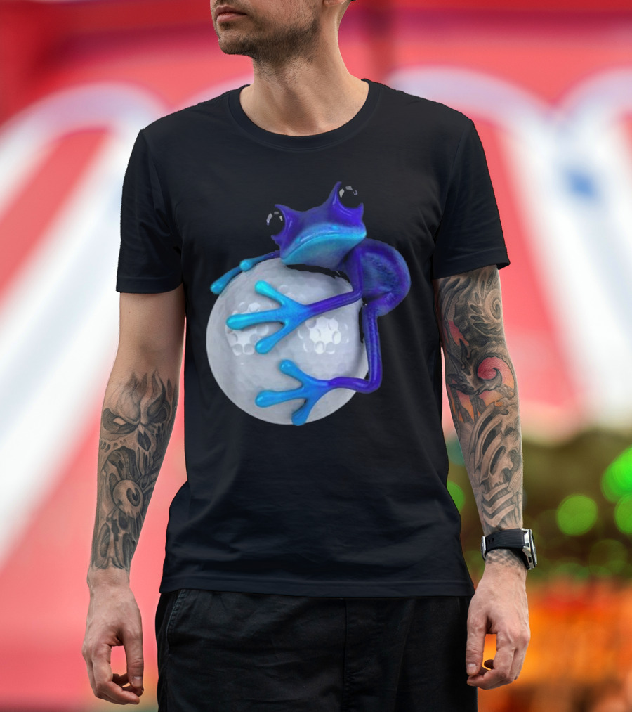 Cute Blue Frog Hugging Shiny Golf Ball T-Shirt