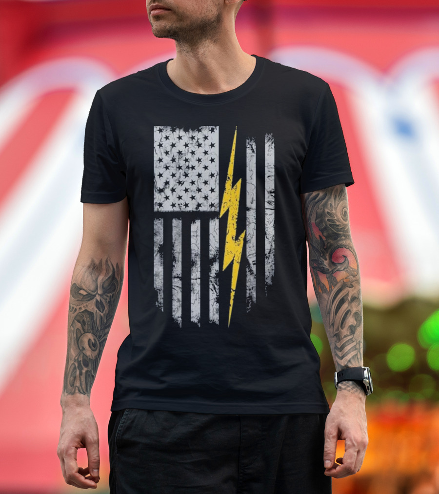 Electrician American Flag with Lightning Bolt Stripe T-Shirt