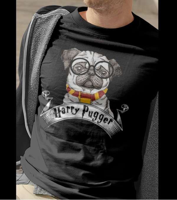 Harry Pugger Magic Wizard Pug Fun Scarf And Glasses T-Shirt