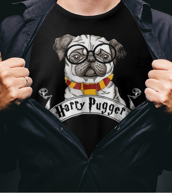 Harry Pugger Magic Wizard Pug Fun Scarf And Glasses T-Shirt