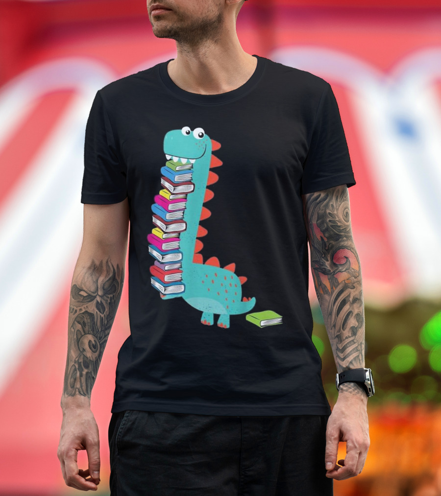 Cute Dinosaur Loves Book and Reading Book Fun Stack T-Shirt