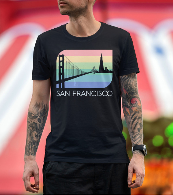 Premium T-Shirt: San Francisco California Vintage Cali Ba Golden Gate Bridge Rainbow Skyline Retro T-Shirt San Francisco California Vintage Cali Ba Golden Gate Bridge Rainbow Skyline Retro T-Shirt