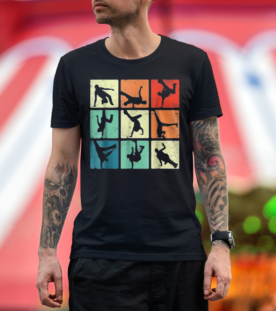 Break Dancing Bboy Poses Retro Vintage Hip Urban Silhouette Blocks T-Shirt